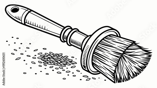 A black and white vector illustration of a broom sweeping up small particles