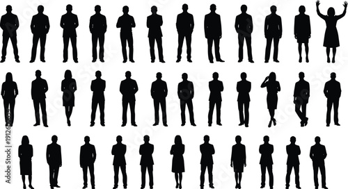 Collection of Professional Business People Silhouettes in Various Poses, Standing and Walking Corporate Figures, Male and Female Outlines Isolated on White