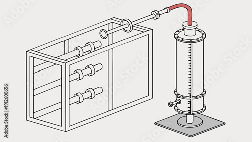 A technical illustration of an industrial filtration system with a rectangular tank and cylindrical filter