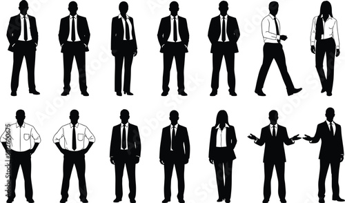 Set of Professional Business People Silhouettes in Suits, Standing and Walking Poses, Male and Female Corporate Figures Isolated on White Background