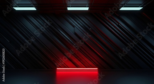 Modern Dark Industrial Interior With Red And Blue Led Lighting And Textured Walls