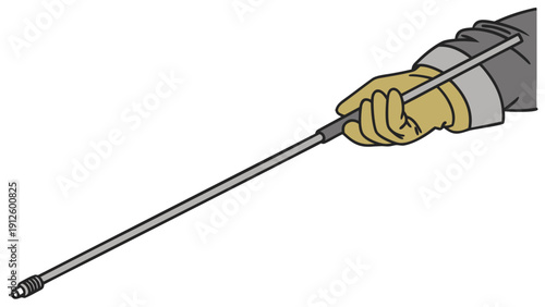 A hand wearing a yellow glove holding a long metal tool with a screw thread on the end.