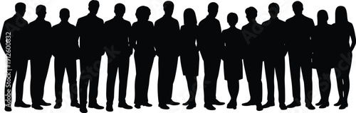 Large group of business people silhouette standing together, men and women human figures crowd lineup isolated on white background for corporate, teamwork, and community concepts