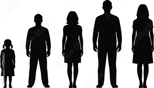 Diverse silhouette set of people standing including children, young adults, and mature men and women for demographic and community growth concepts.