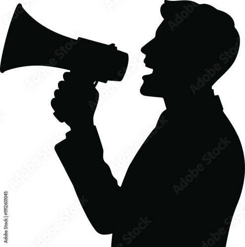 Man shouting through megaphone silhouette illustration, black human profile using loudspeaker for announcement protest marketing or communication concept isolated on white background
