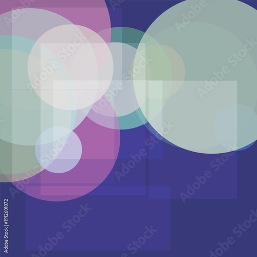 Overlapping translucent circles in shades of blue purple and green on a dark blue background