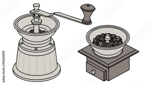 A vector graphic illustration of a manual coffee grinder with a bowl of coffee beans