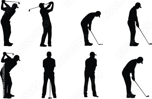 Male golfer silhouette set featuring various golf swing poses including backswing, follow through, and putting stance on a white background.