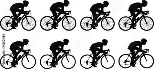 Black silhouette of professional road cyclists in racing positions, set of eight bicycle rider icons isolated on white for sports design, training, and competition.
