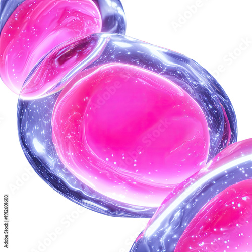 Abstract glowing pink orbs encased in shimmering, translucent blue-purple membranes, sparkling