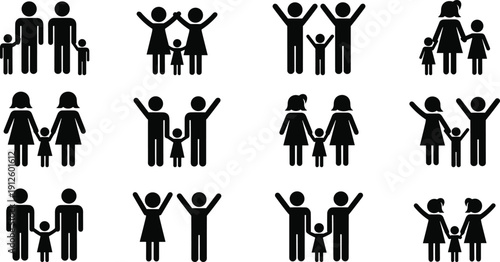Set of black stick figure family icons showing diverse parents and children holding hands and celebrating on a white background (20 words)