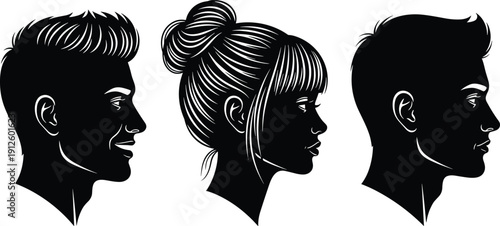 Black silhouettes of male and female head profiles showing modern hairstyles and smiling facial expressions isolated on a white background (20 words)