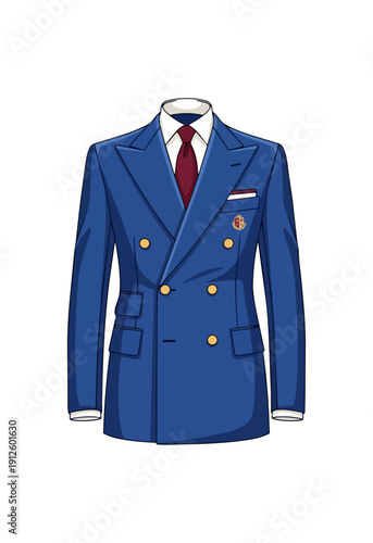 Double breasted blue suit with red tie isolated on black background