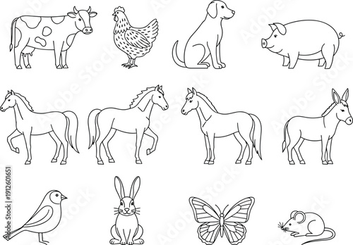 Set of black and white line art illustrations of farm animals and domestic pets isolated on a plain white background (20 words)
