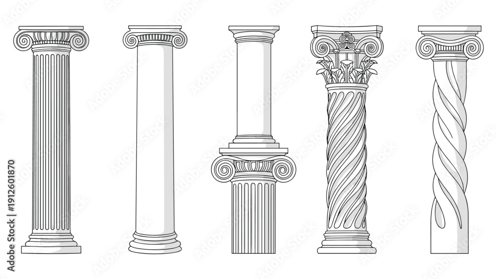Obraz premium Set of different styles of classic architectural columns and pillars including doric, ionic, and corinthian designs on white.