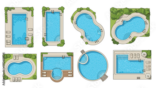Collection of various swimming pool designs and shapes with surrounding landscaping and lounge furniture from above.