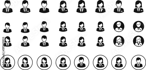 Set of professional business avatar icons featuring diverse men and women in suits and ties isolated on a white background (20 words)