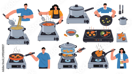 Set of various characters cooking meals on stoves including boiling pasta, frying chicken, and steaming vegetables.