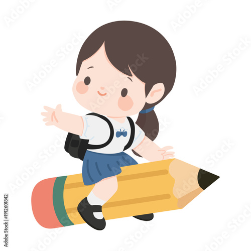Playful Young Girl Riding Giant Writing Tool
