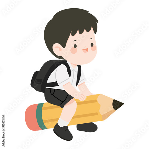Playful Young Boy Riding Giant Writing Tool