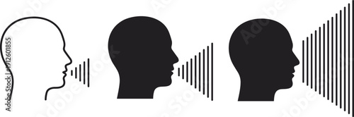 Set of human head silhouettes with sound waves and voice control icons representing speech recognition and audio communication on white background (20 words)
