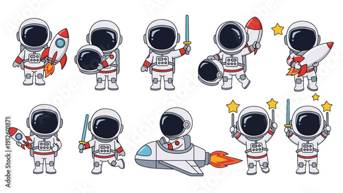 Set of cute little astronaut characters in space suits holding rockets, swords, and stars for space themed designs.
