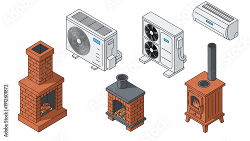 Isometric view of various heating and cooling units including air conditioners, fireplaces, and wood burning stoves.