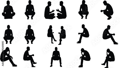 Black silhouettes of people in different sitting poses including meditating, talking, thinking, and squatting isolated on a clean white background (20 words)