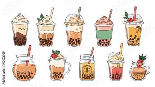 Selection of cold beverages including bubble tea and frappes and fruit drinks served in plastic cups and glass jars with straws and toppings.