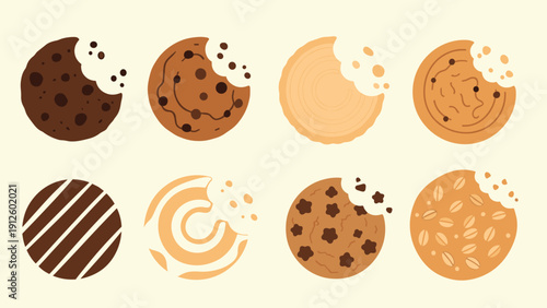Variety of delicious bitten cookies with different flavors and textures including chocolate chip and oatmeal and frosted varieties.