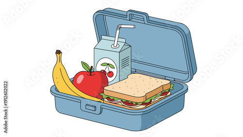 Healthy school lunchbox filled with a fresh sandwich and red apple and banana and a carton of cherry juice for a balanced meal.