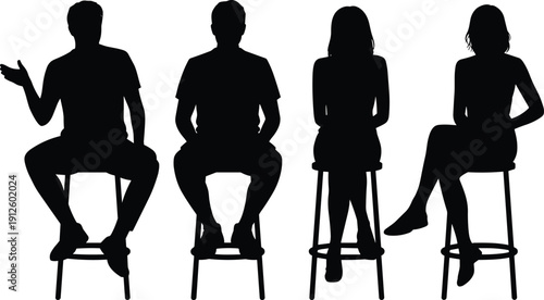 People sitting on stools silhouettes isolated on white background representing conversation interview discussion communication casual meeting human interaction illustration