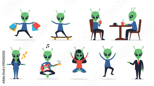 Group of friendly green aliens engaged in various human activities like shopping and skateboarding and drinking coffee and playing guitar.