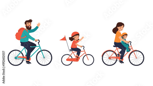 Happy family enjoying a bike ride together including a father and young girl and mother with a toddler in a child safety seat.