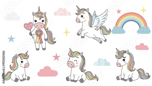 Magical collection of cute unicorns with rainbows and stars and clouds in soft pastel colors for a fantasy nursery decoration.
