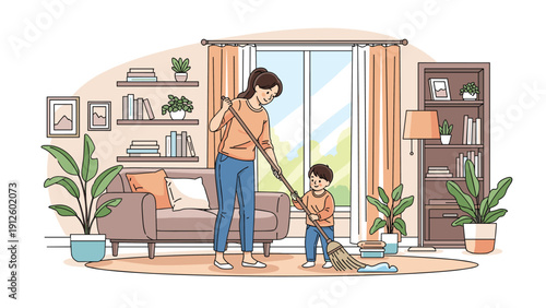 Caring mother teaching her young son how to sweep the floor with a broom in a cozy and well decorated living room interior.