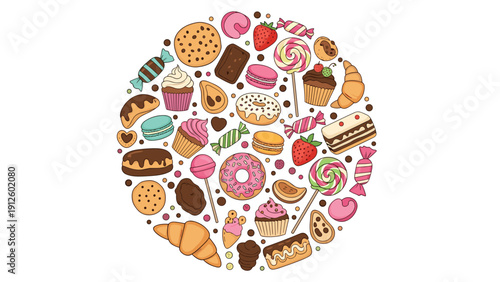 Colorful circular arrangement of various sweets including donuts and cupcakes and candy and cookies and croissants and muffins.