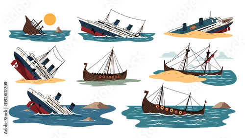 Dramatic collection of shipwrecks depicting various types of ships sinking or grounded on beaches in different weather conditions.