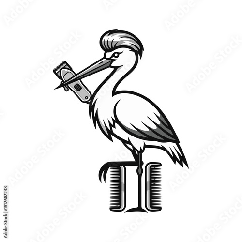 Whimsical Pelican Barber Holding Clippers, Illustrating a Unique Hair Salon Brand Concept