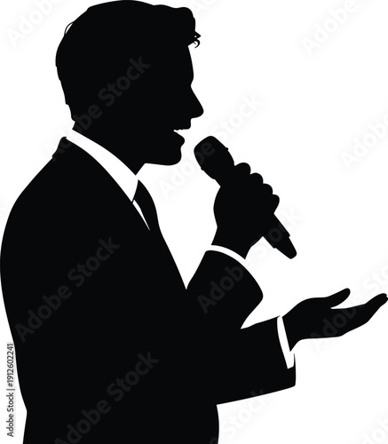 Male speaker holding microphone silhouette isolated on white background representing public speaking presentation communication leadership conference business professional illustration
