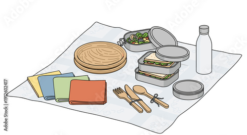 An eco-friendly, zero-waste lunch setup featuring reusable containers, bamboo cutlery, cloth napkins, and a water bottle, promoting sustainable eating habits.