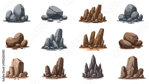Diverse collection of rock formations and boulders and stone piles in different colors and shapes for landscape design.
