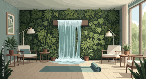 Indoor Waterfall with Green Foliage Wall.