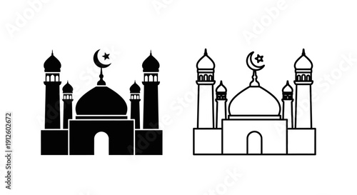 Vector illustration of a black silhouette and outline icon of a mosque with a crescent moon and star, isolated on a white background for religious design.