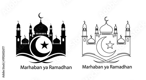 Vector black silhouette and outline illustration of a mosque with crescent moon and star, featuring 'Marhaban ya Ramadhan' text, isolated on transparent background.
