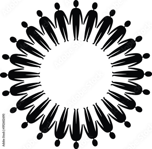 Circle of people silhouettes holding hands forming unity symbol isolated on white background representing teamwork community partnership collaboration diversity and social connection