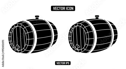 Black vector wooden beer barrels with metal bands and spigots, isolated on a transparent background, suitable for beverage branding or pub icons.
