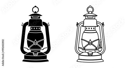 Vector illustration of a vintage black kerosene lantern and an outline version, isolated on a transparent background for icon or graphic resource use.