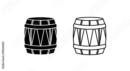 Vector illustration of two traditional wooden barrels, one solid black and one outlined, isolated on a transparent background for icons or UI design.