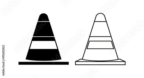 Vector illustration of two black and white traffic cones, one solid fill and one outline, isolated on a transparent background for UI or icon design.